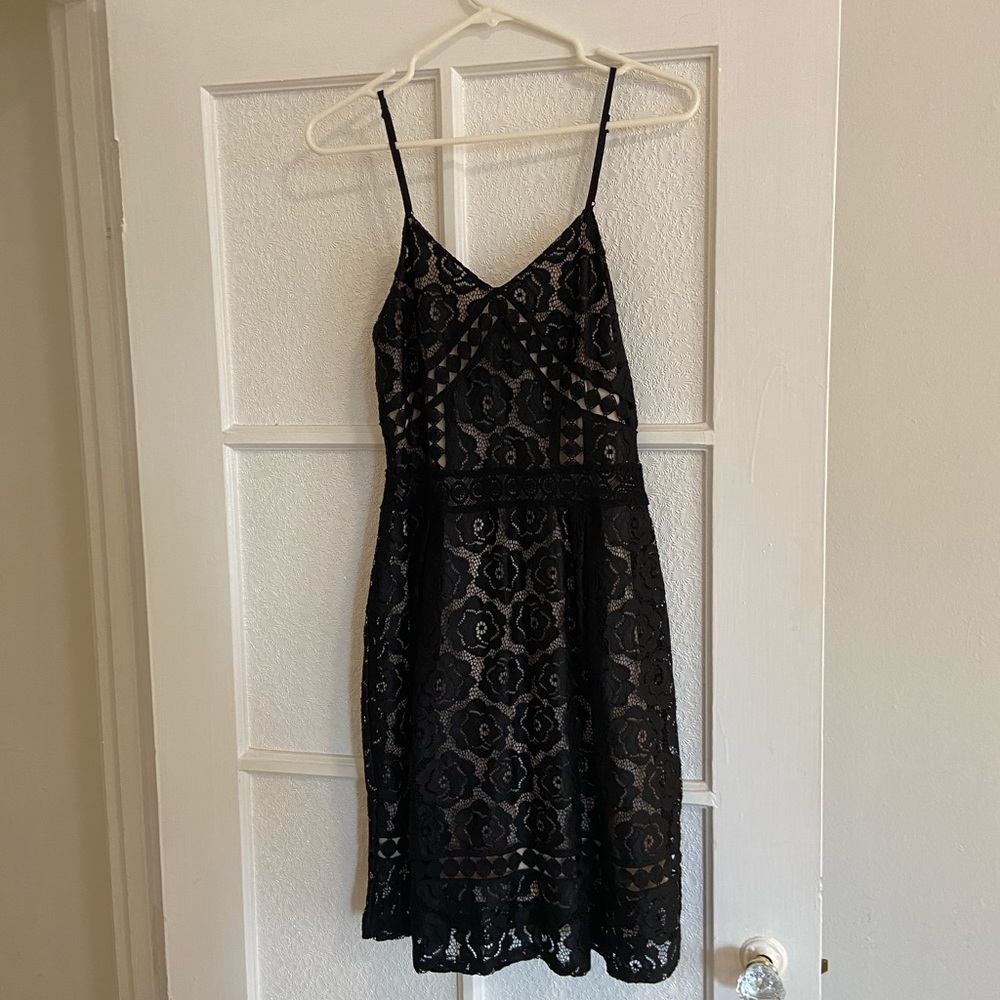Aqua black dress with black sheer floral pattern